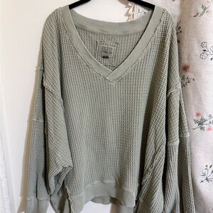 American Eagle Outfitters Light Sage Waffle V-Neck Sweatshirt